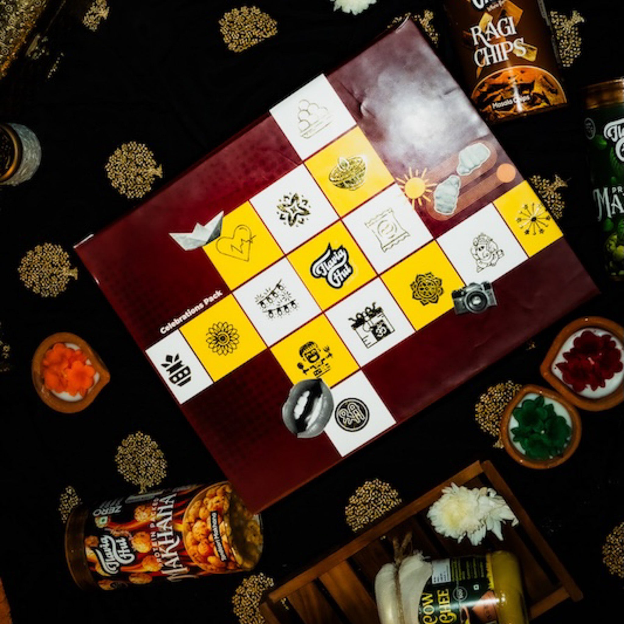 FlaviaHut's Collection's Box 3 | Celebration's Box, Hand-made Diya Candle, 1 Pure A2 Cow Ghee(500g), 1 Flavoured Healthy Makhana Jars(70g), 1 Masala Chips Jar(150g)) | A FESTIVE BUNDLE