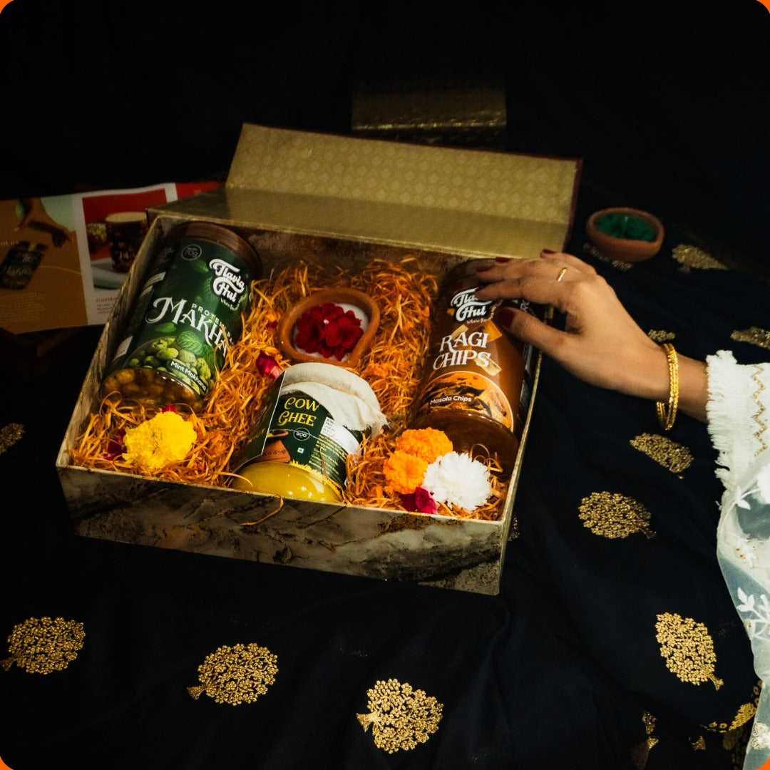 FlaviaHut's Collection's Box 3 | Celebration's Box, Hand-made Diya Candle, 1 Pure A2 Cow Ghee(500g), 1 Flavoured Healthy Makhana Jars(70g), 1 Masala Chips Jar(150g)) | A FESTIVE BUNDLE