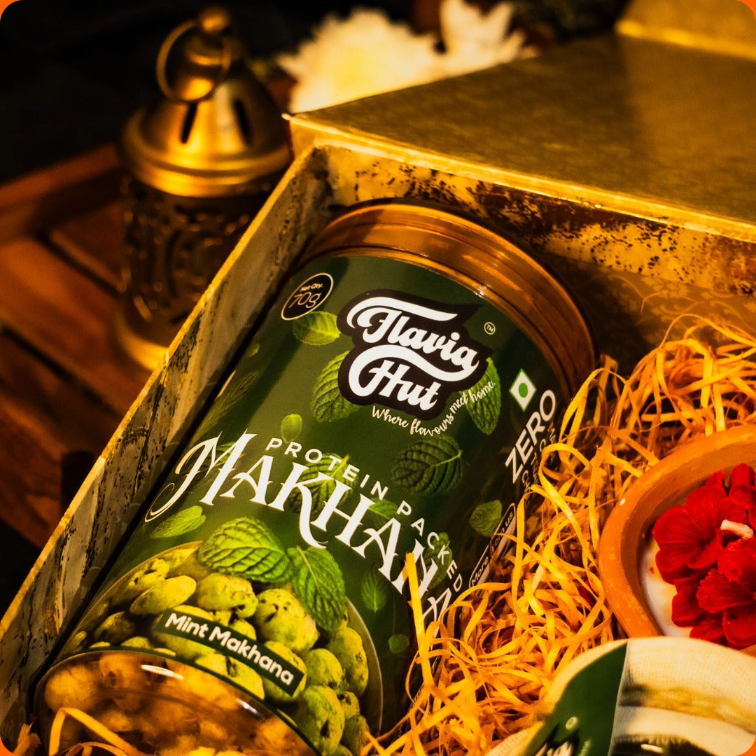 FlaviaHut's Collection's Box 3 | Celebration's Box, Hand-made Diya Candle, 1 Pure A2 Cow Ghee(500g), 1 Flavoured Healthy Makhana Jars(70g), 1 Masala Chips Jar(150g)) | A FESTIVE BUNDLE