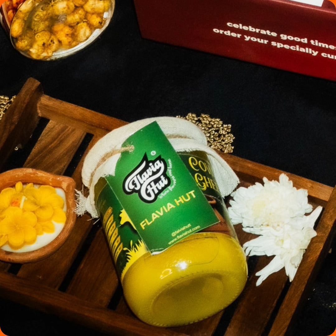 FlaviaHut's Collection's Box 3 | Celebration's Box, Hand-made Diya Candle, 1 Pure A2 Cow Ghee(500g), 1 Flavoured Healthy Makhana Jars(70g), 1 Masala Chips Jar(150g)) | A FESTIVE BUNDLE